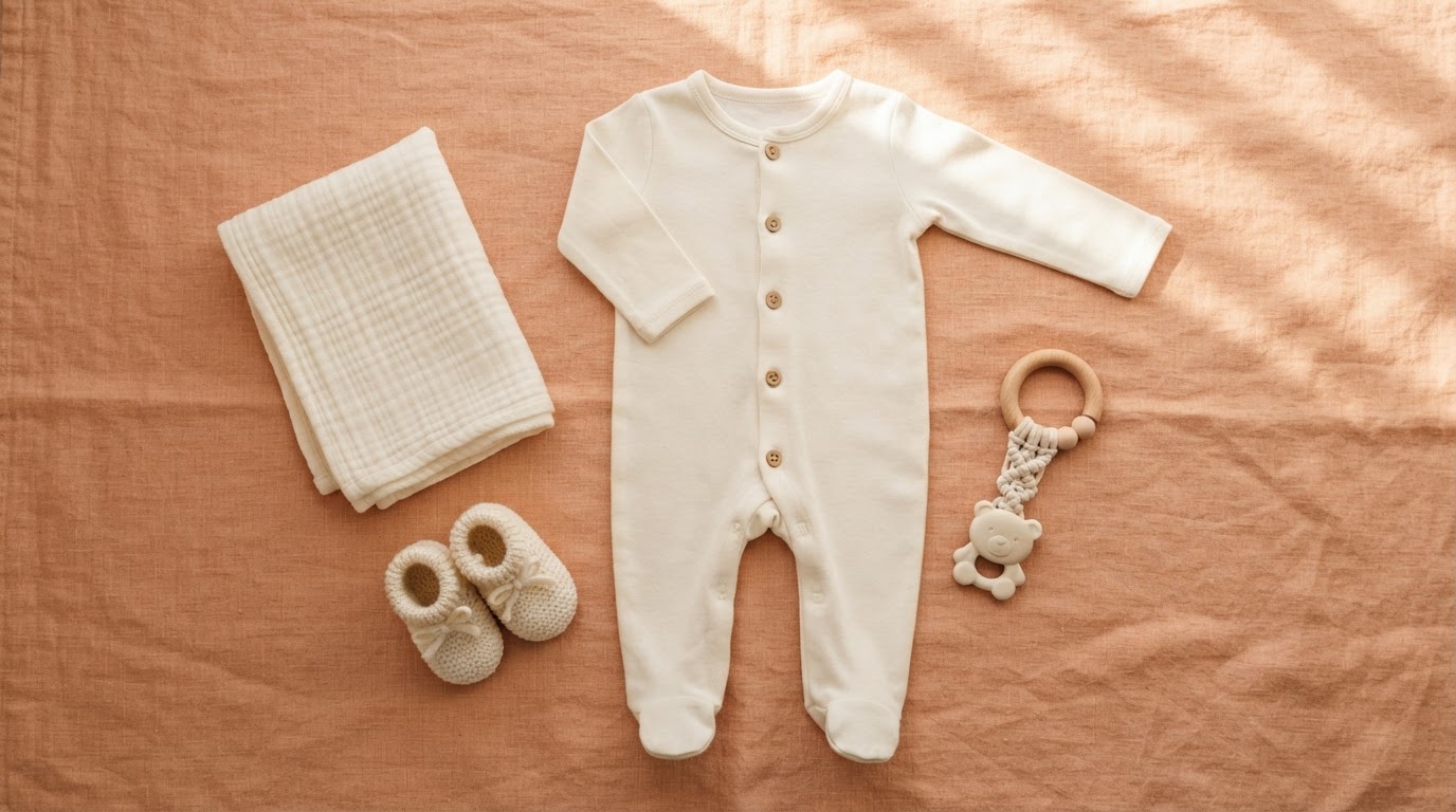 A folded baby outfit with a blanket and wooden toy