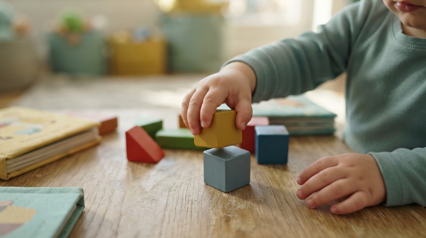 A child stacking wooden blocks